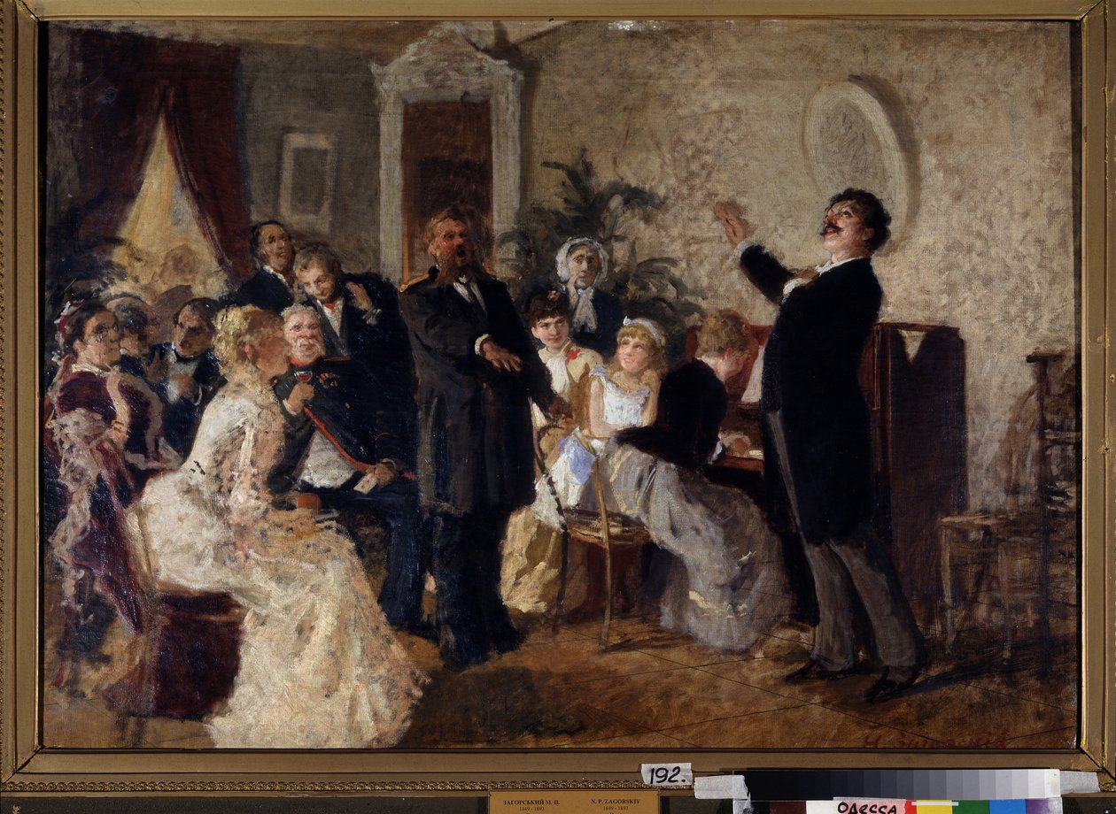Duo. (Sangere holder konsert i et privat rom). Maleri av Nikolai Petrovich Zagorsky (1849-1893), olje på lerret. russisk kunst av Nikolai Petrovich Zagorsky