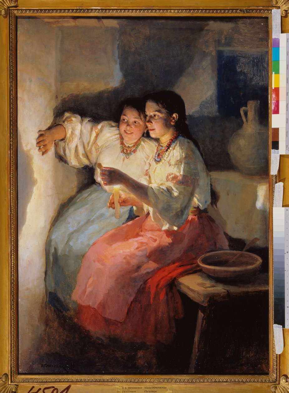 Spådom på julaften (To unge jenter kaster skygger med levende lys på en vegg) - Julaften spådom - Maleri av Nikolai Kornilovich Pimonenko (1862-1912), olje på lerret av Nikolai Pimonenko