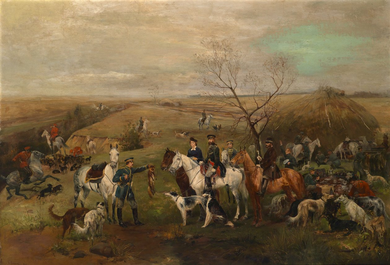 Jaktfest med keiser Alexander III og keiserinne Maria Feodorovna, 1880-tallet av Nikolai Semyonovich Samokish