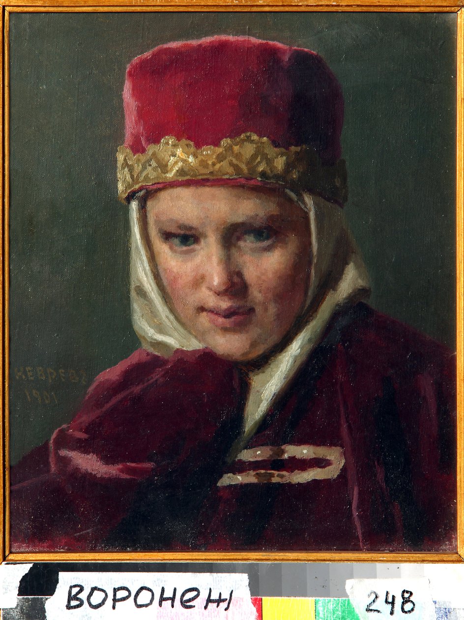 Boyar Woman (brett, boiar) (Boyars kone). Iført tradisjonelle klær fra det gamle Russland, i storhertugdømmet Moskva. Maleri av Nikolai Vasilyevich Nevrev (1830-1904), olje på lerret av Nikolai Vasilievich Nevrev