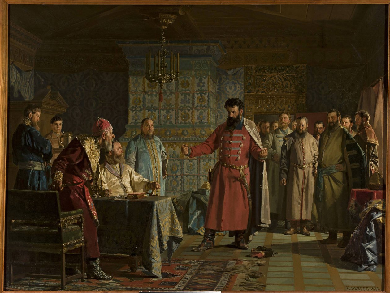 La querelle de Zakhary Petrovich Lyapunov (mort apres 1612) avec le tsar Vassili IV Chouiski (1552-1612) au Kremlin - Zakhary Lyapunovs krangel med tsaren Vasili Shuisky ved Kreml, av Nevrev, Nikolai Vasiich- (90430ev) (90430ev). Olje på lerret av Nikolai Vasilievich Nevrev