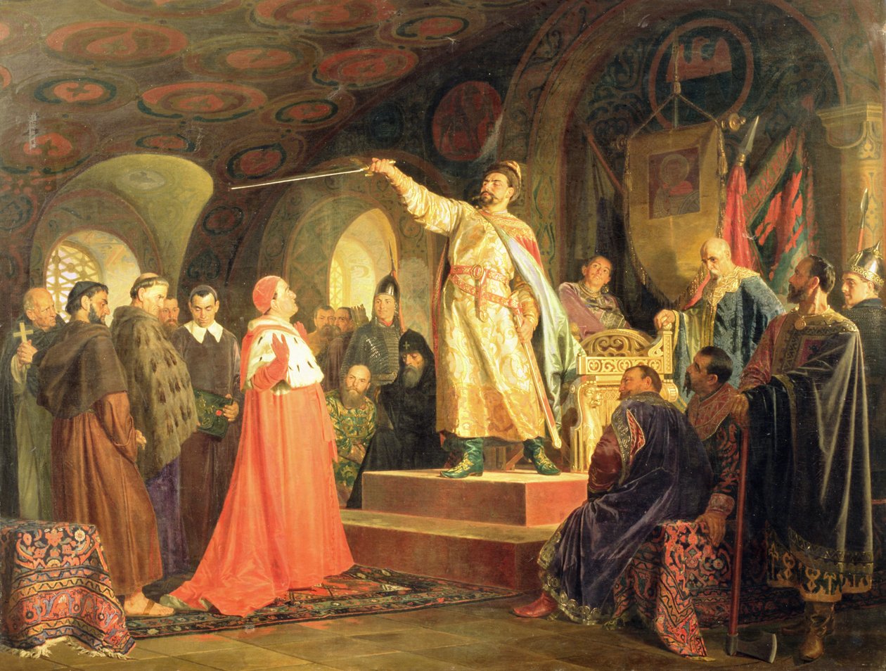 Prins Roman av Halych-Volhynia mottok ambassadørene til pave Innocent III, 1875 av Nikolai Vasilievich Nevrev