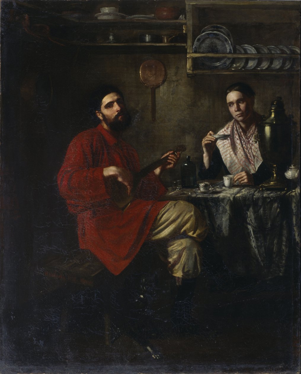 Hjemmekoselig scene for bondelivet, 1855 av Nikolai Vasilyevich Nevrev