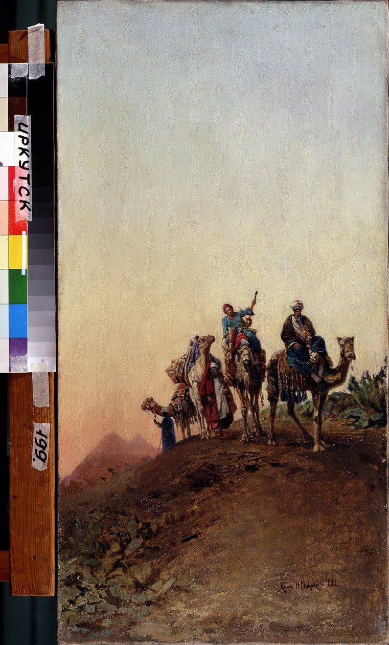 Kameler nær pyramidene i Giza (Giseh, Gizeh, Giza) (Kairo, Egypt). (Kameler nær pyramidene). Maleri av Nikolai Yegorovich Makovsky (1842-1886), olje på lerret av Nikolai Yegorovich Makovsky