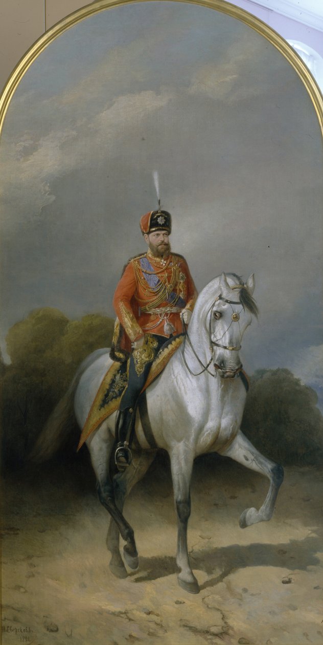 Portrett av keiser Alexander III 1845-1894 i uniformen til Hussar-regimentet til Leib-garden, 1881 av Nikolai Yegorovich Sverchkov