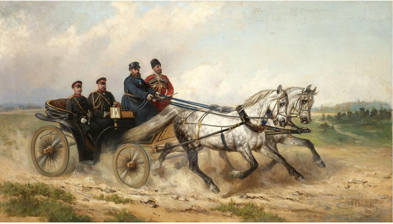Tsar Alexander III og Kaiser Wilhelm II i en landau, 1888 av Nikolai Yegorovich Sverchkov