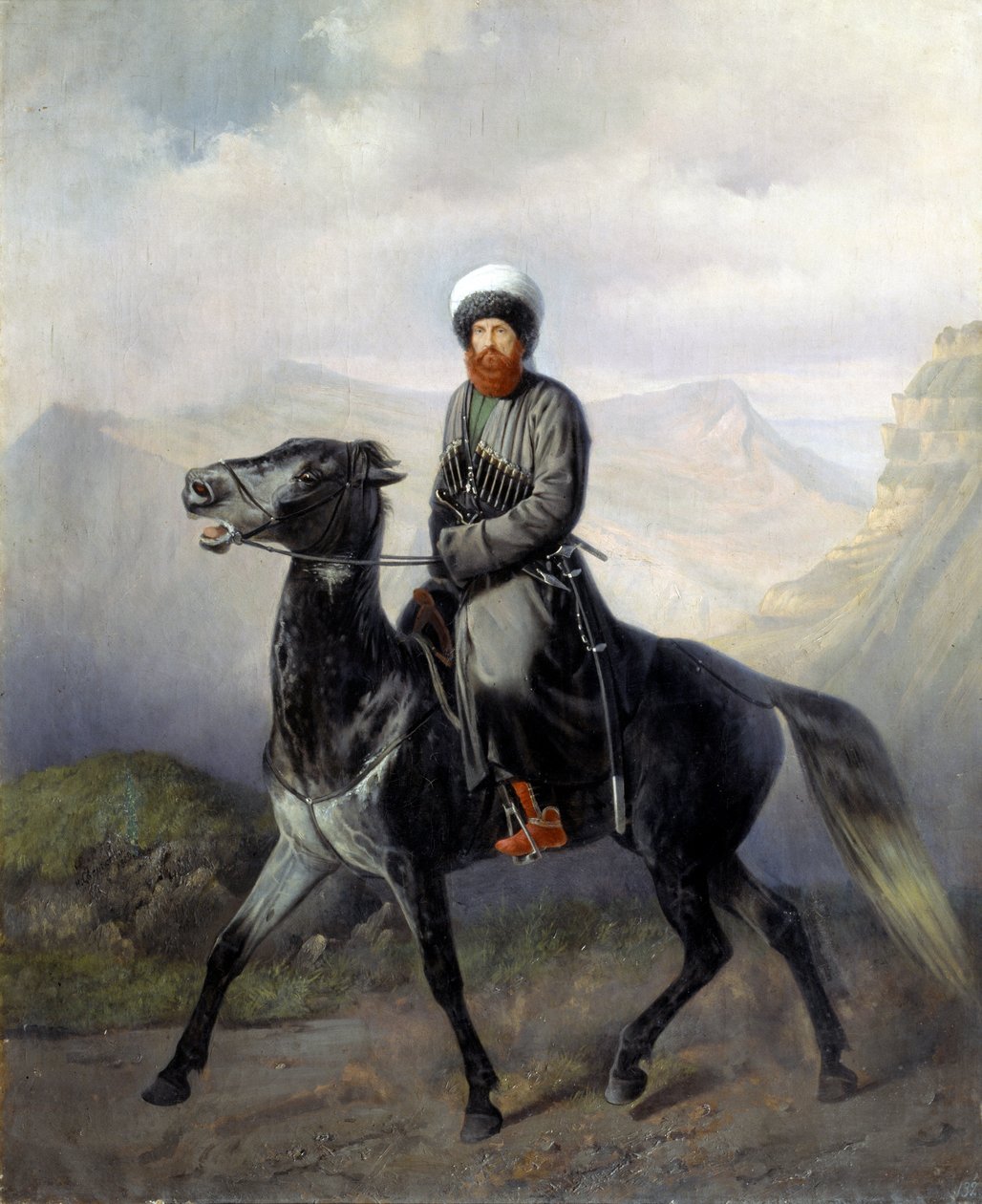 Portrait equestre de Chamil (Imam Chamil, Shamil) (1797-1871), chef des tribus musulmanes du Caucase nord (Portrett av den politiske og religiøse lederen av de muslimske stammene i Nord-Kaukasus Imam Shamil) - Peinture de Nikolai Yegorovich Sverchov av Nikolai Yegorovich Sverchov