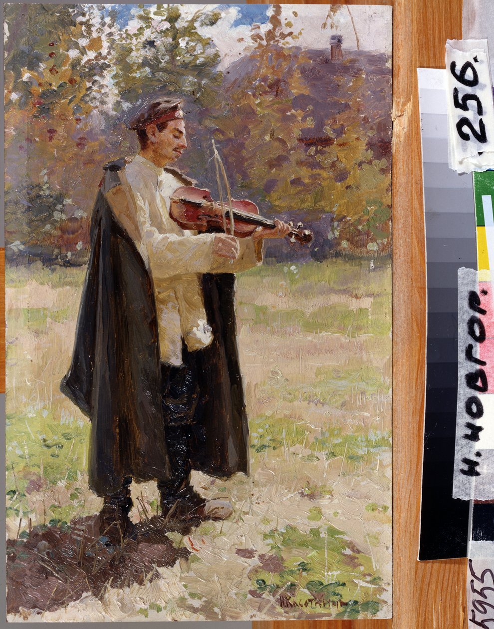 House sang. Soldat spiller fiolin. (Hjemmesang. Soldat som spiller fiolin). Maleri av Nikolai Alexeyevich Kasatkin (Kasatkin) (1859-1930), olje på lerret av Nikolaj Alekseevich Kasatkin