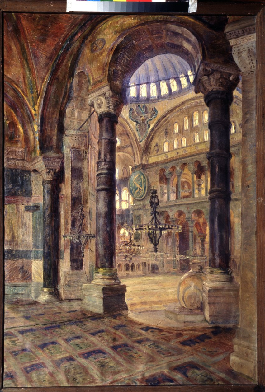 Hagia Sophia (Hagia Sophia) i Konstantinopel (Istanbul, Tyrkia) (Hagia Sophia i Konstantinopel). Innvendig utsikt over moskeen, bysantinsk arkitektur. Maleri av Nikolai Alexeyevich Kasatkin (Kasatkine) (1859-1930), olje på lerret, sent på 1800-tallet. Kuns av Nikolaj Alekseevich Kasatkin