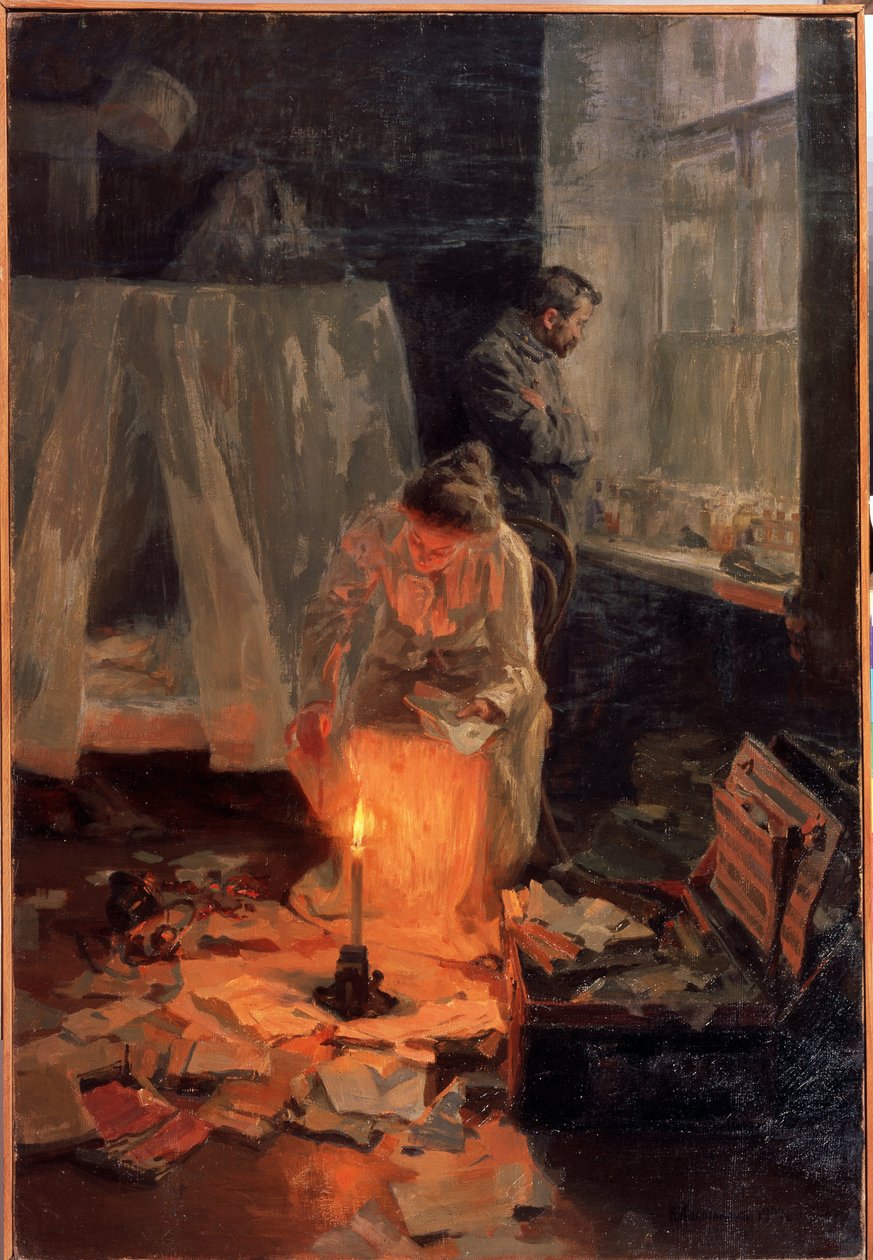Oppløsningen. I et rotete interiør, et par, brenner kvinnen dokumenter i lysets flamme, mens mannen står foran vinduet og ser ettertenksom ut. Maleri av Nikolai Alexeyevich Kasatkin (Kasatkin) (1859-1930), av Nikolaj Alekseevich Kasatkin