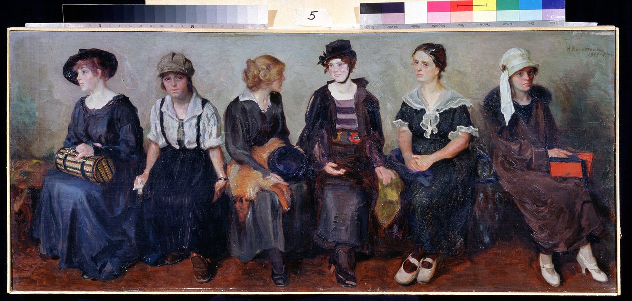 Teatertroppen (Teatertroppen). Portretter av seks unge kvinner sittende side om side, med ulike uttrykk. Maleri av Nikolai Alexeyevich Kasatkin (Kasatkin) (1859-1930), olje på lerret av Nikolaj Alekseevich Kasatkin