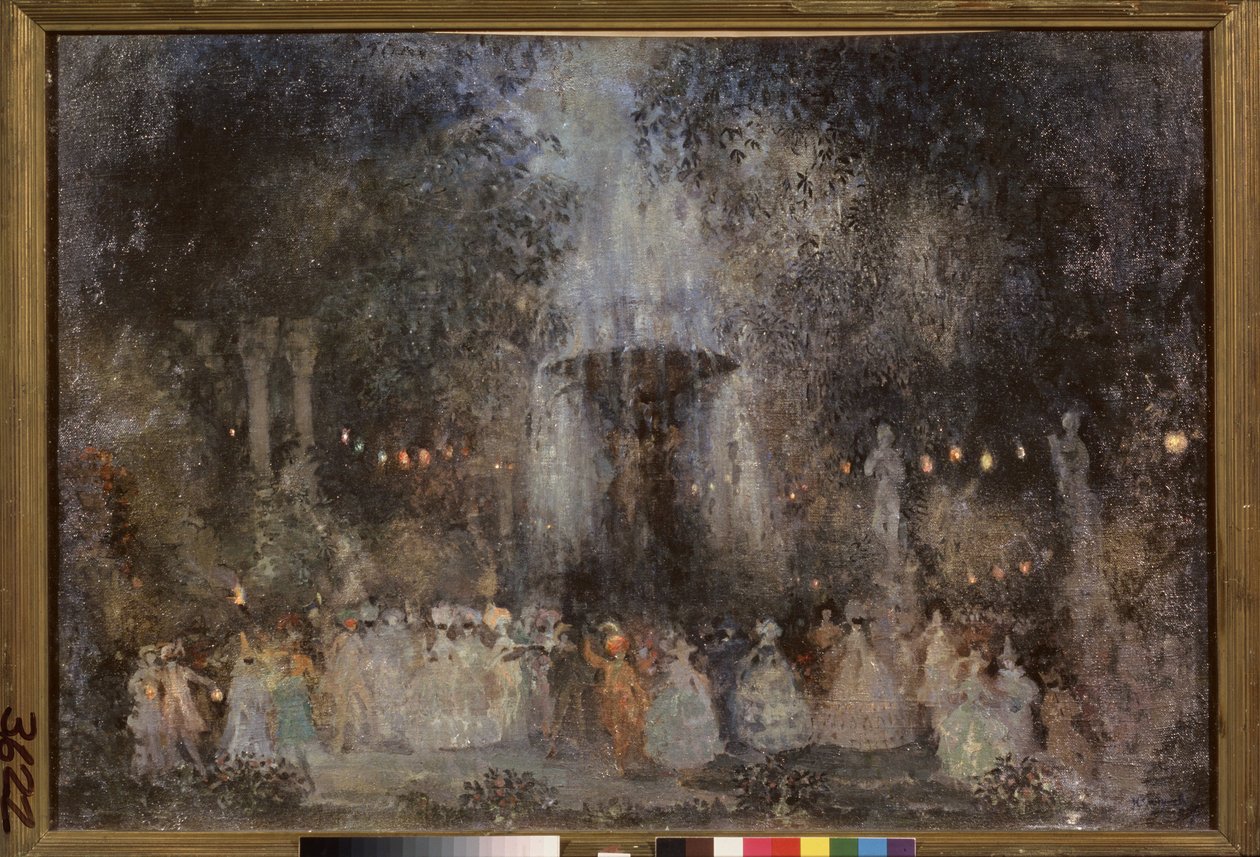 Bal masque. Oeuvre de Nikolai Nikolayevich Sapunov (Sapounov) (1880-1912), tempera, argent et bronze sur carton   1318379   no       norwegian Successfully Translated  Original: Waternimf Salmacis bindt haar haren vast Salmacis (title on object) Translat:  av Nikolaj Nikolaevic Sapunov
