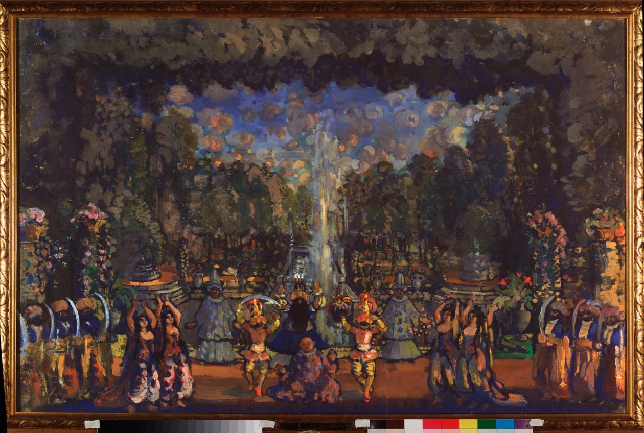 Den tyrkiske seremonien. Forberedende dekor til stykket ""Le bourgeois gentilhomme"" av Moliere (1622-1673). Verk av Nikolai Nikolayevich Sapunov (Sapunov) (1880-1912), tempera på lerret av Nikolaj Nikolaevic Sapunov