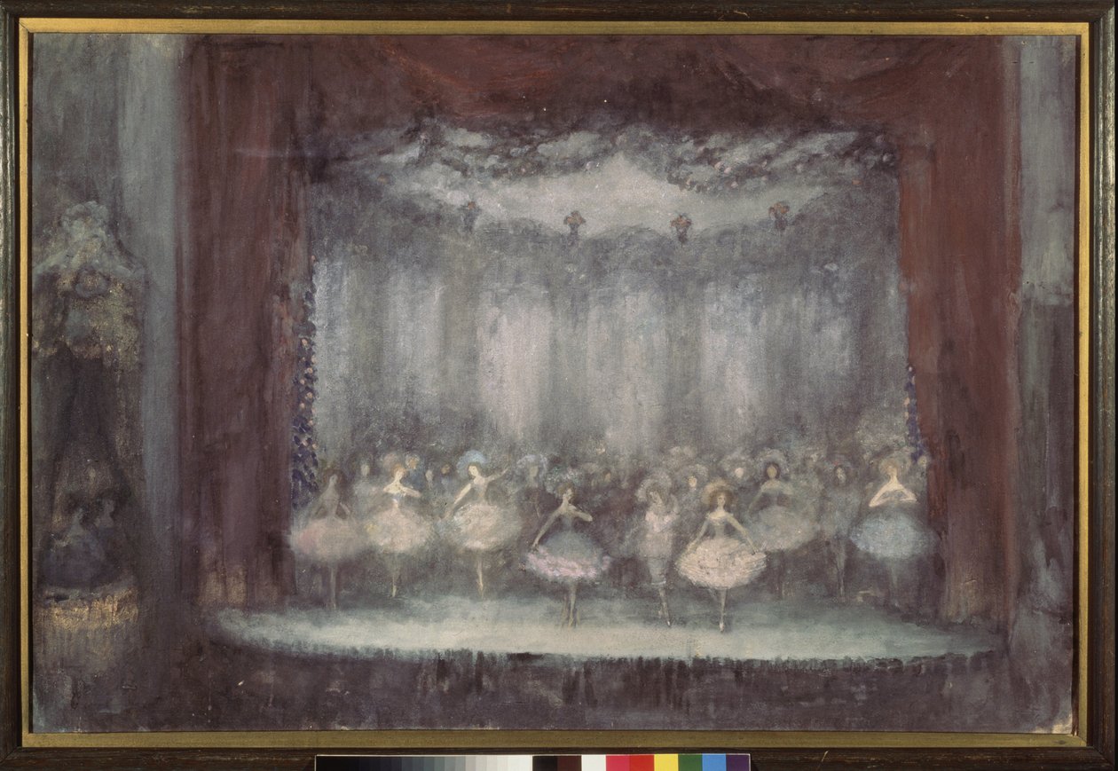 En ballett. (Teaterscene med ballerinaer in tutu). Verk av Nikolai Nikolayevich Sapunov (Sapunov) (1880-1912), tempera, kritt, sølv og bronse på papp av Nikolaj Nikolaevic Sapunov