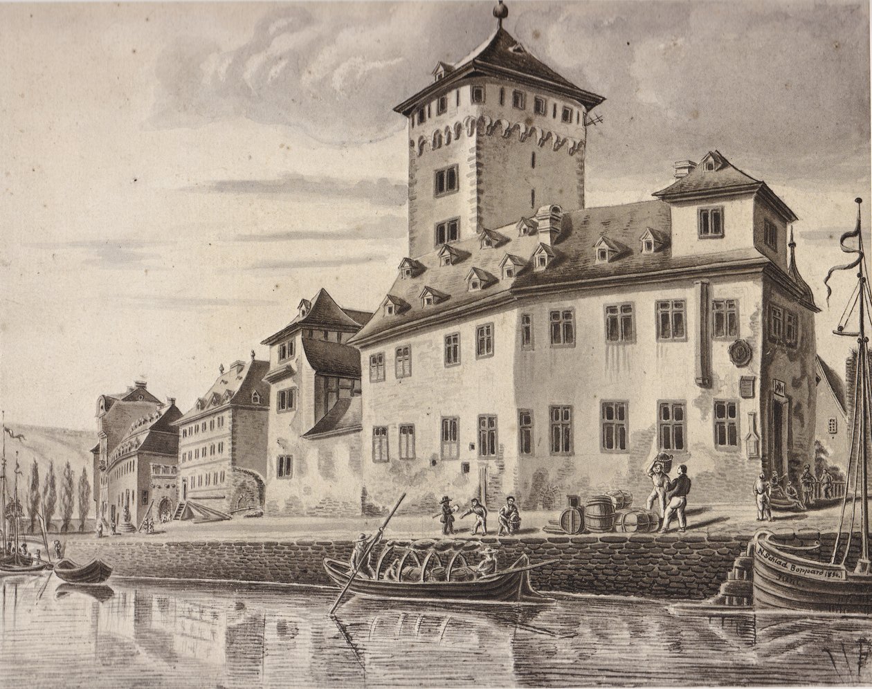 Slott - Rhinfronten til valgslottet i Boppard rundt 1854 av Nikolaus Schlad