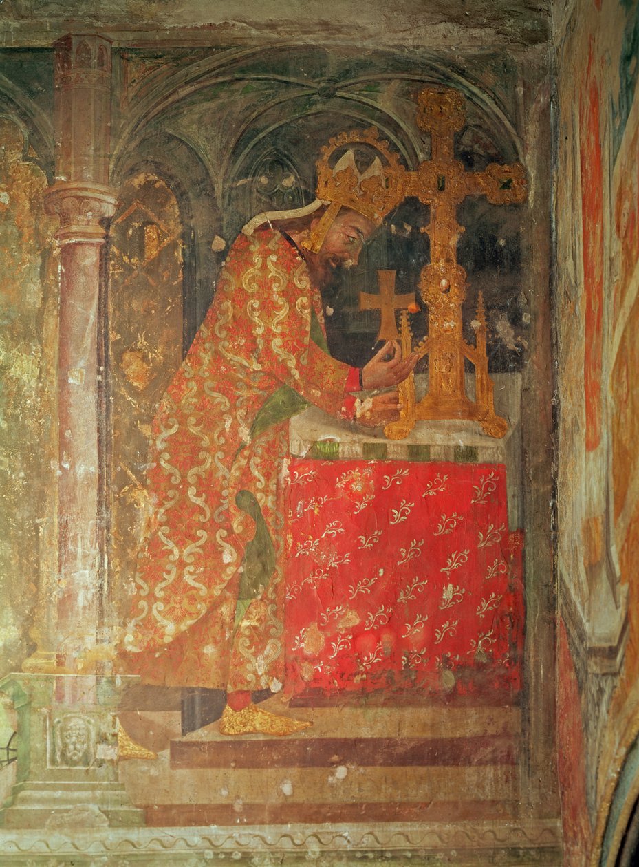 Den hellige romerske keiser Charles IV plasserer relikvien av tornen fra Kristi krone i et relikvieskrin, fra Vår Frues kapell, 1357-60 (se også 204541 og 204544) av Nikolaus Wurmser