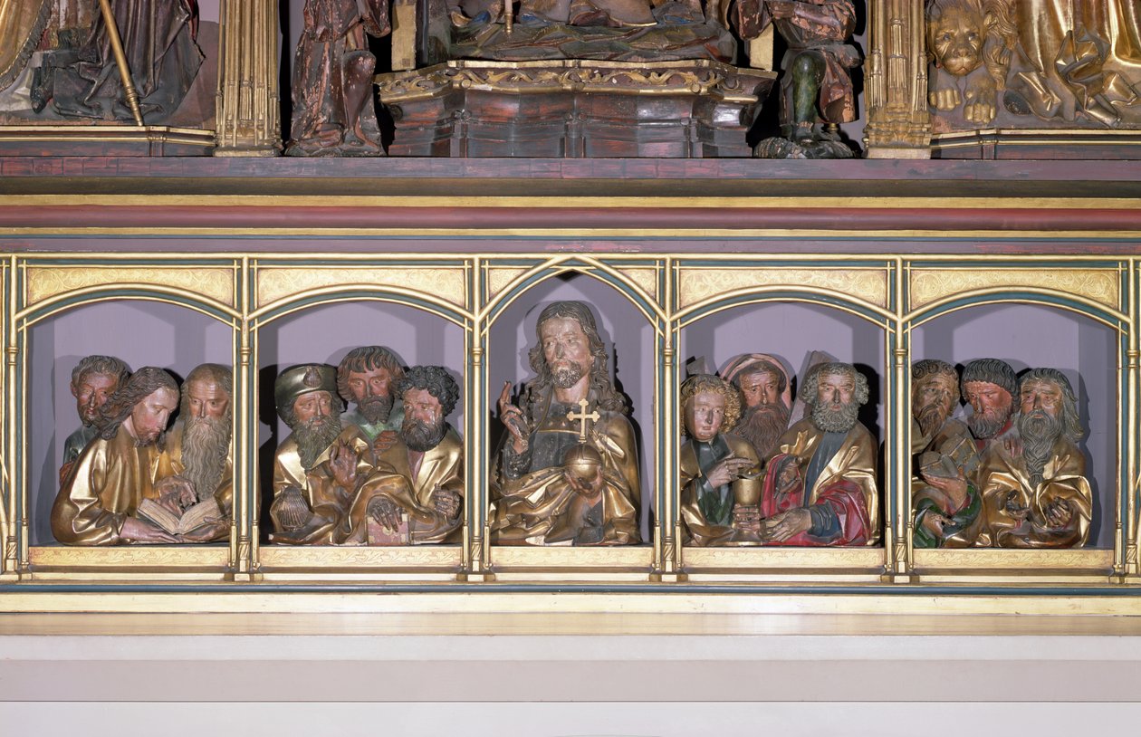 Treutskjæringer av Kristus og de tolv apostler, fra predellaen til retabelen til Isenheim-altertavlen, ca. 1490 (malt tre) av Nikolaus Hagenauer