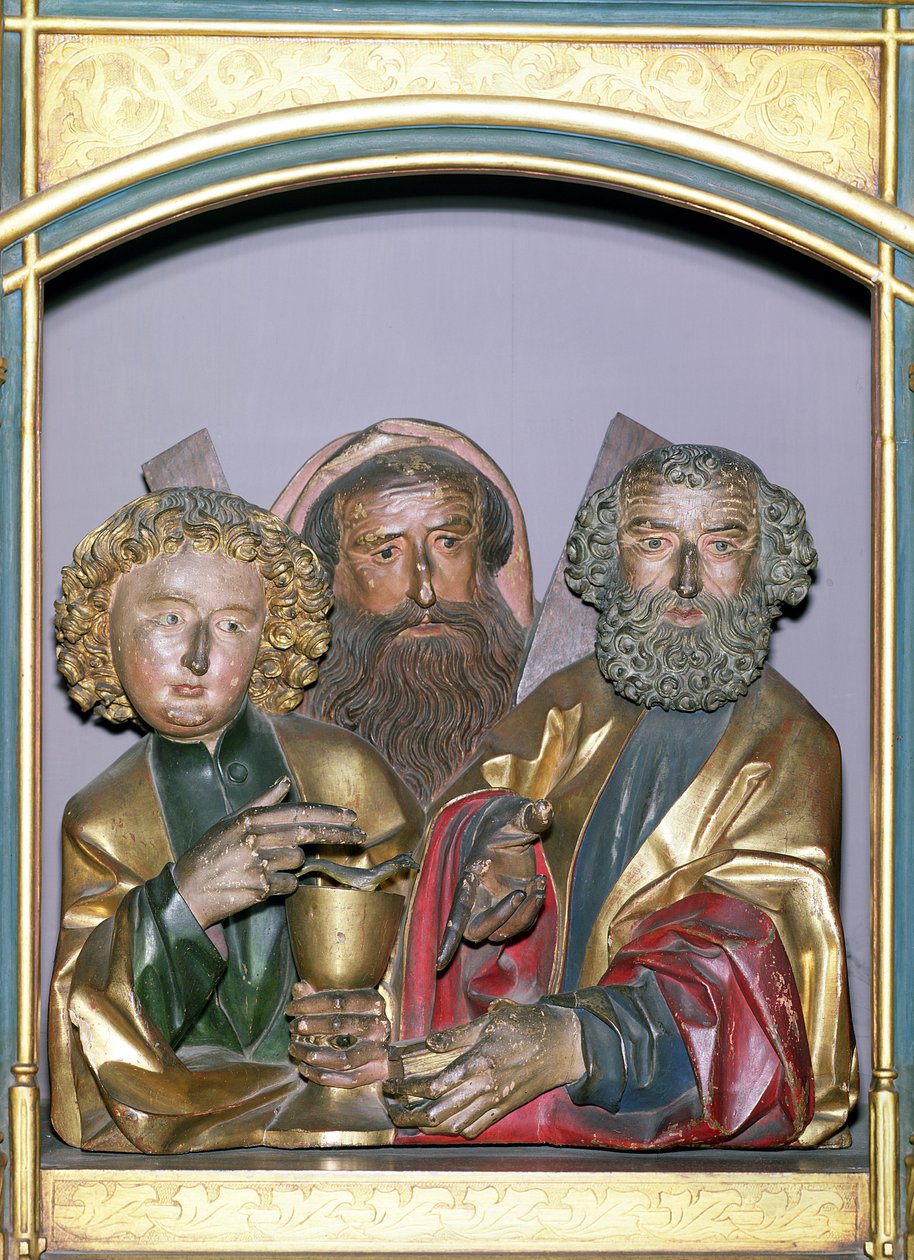 Treskjæringer av SS. John, Andrew og Peter, fra predellaen til Isenheim-altertavlen, ca. 1490 (malt tre) av Nikolaus Hagenauer