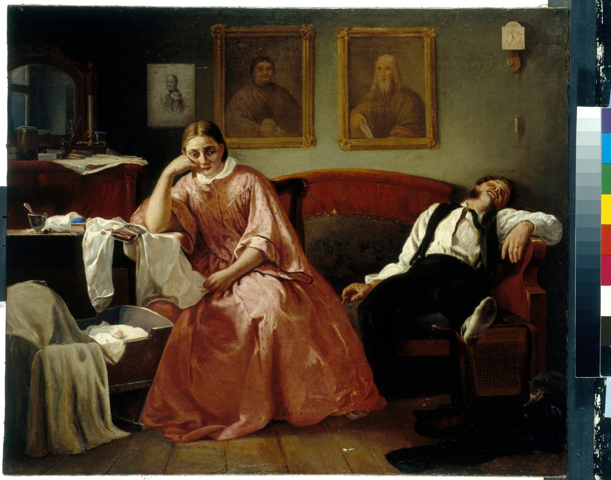 Den første måneden (scene fra familielivet, et slitent ungt par forsvinner nær vuggen til beeben) (den første i måneden) - Maleri av Nikolai Andreyevich Koshelev (1840-1918), olje på lerret (61,4x73,6 cm) ) - Statens Tretjakovgalleri, Moskva av Nikolay Andreyevich Koshelev