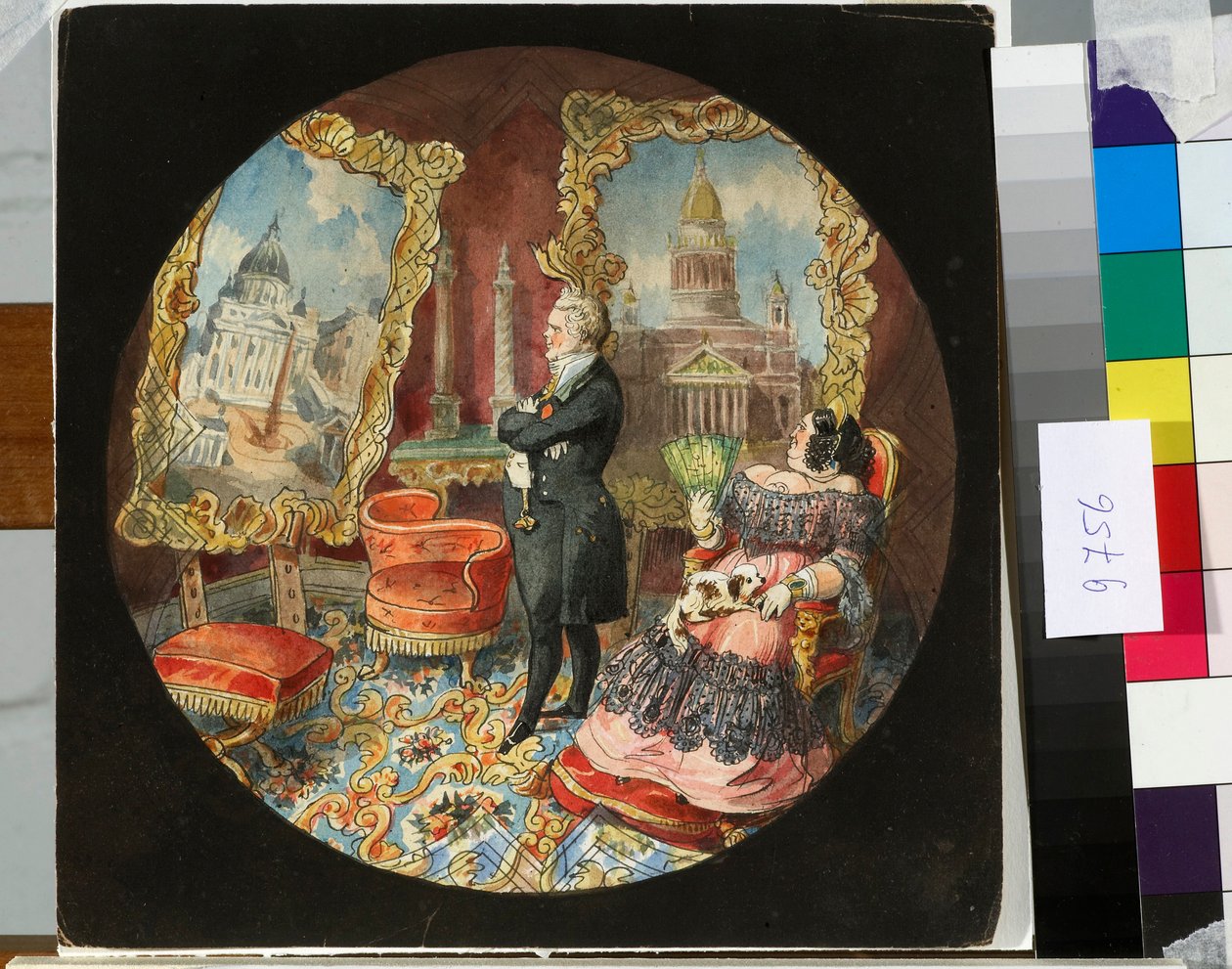 Arkitekten Auguste Ricard de Montferrand (1786-1858) og hans kone i stuen deres, ser stolt på malerier som representerer noen av verkene hans - Tegning av Nicolas Benois (1813-1898) av Nikolay Benois