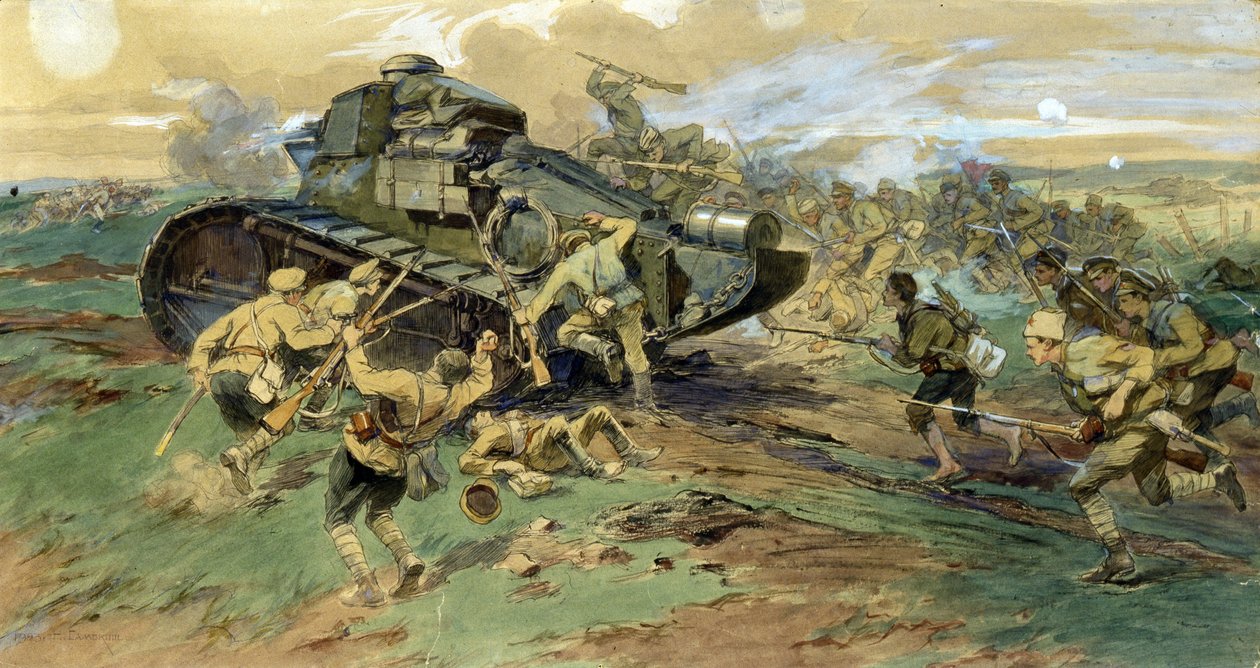 Fangsten av en tank på Krim. Kampscene under den russiske borgerkrigen (1917-1923), mot den hvite hæren mot de røde garde. Verk av Nikolai Semyonovich Samokish (1860-1944), akvarell på papir av Nikolay Semenovich Samokish