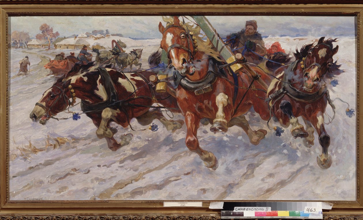 Troika (slede med tre hester). Maleri av Nikolai Semyonovich Samokish (1860-1944), olje på lerret av Nikolay Semenovich Samokish