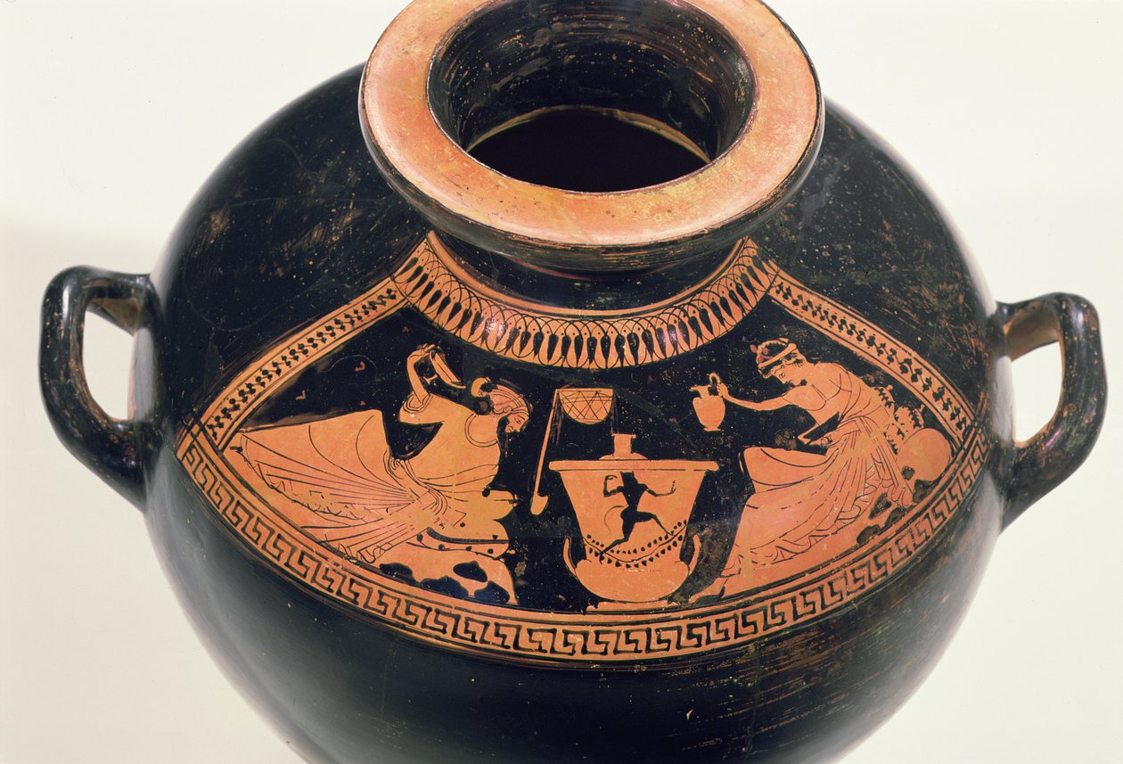 Attic rødfigur hydria som viser en drikkescene, ca. 490 f.Kr. (keramikk) av Nikoxenos Painter Nikoxenos Painter