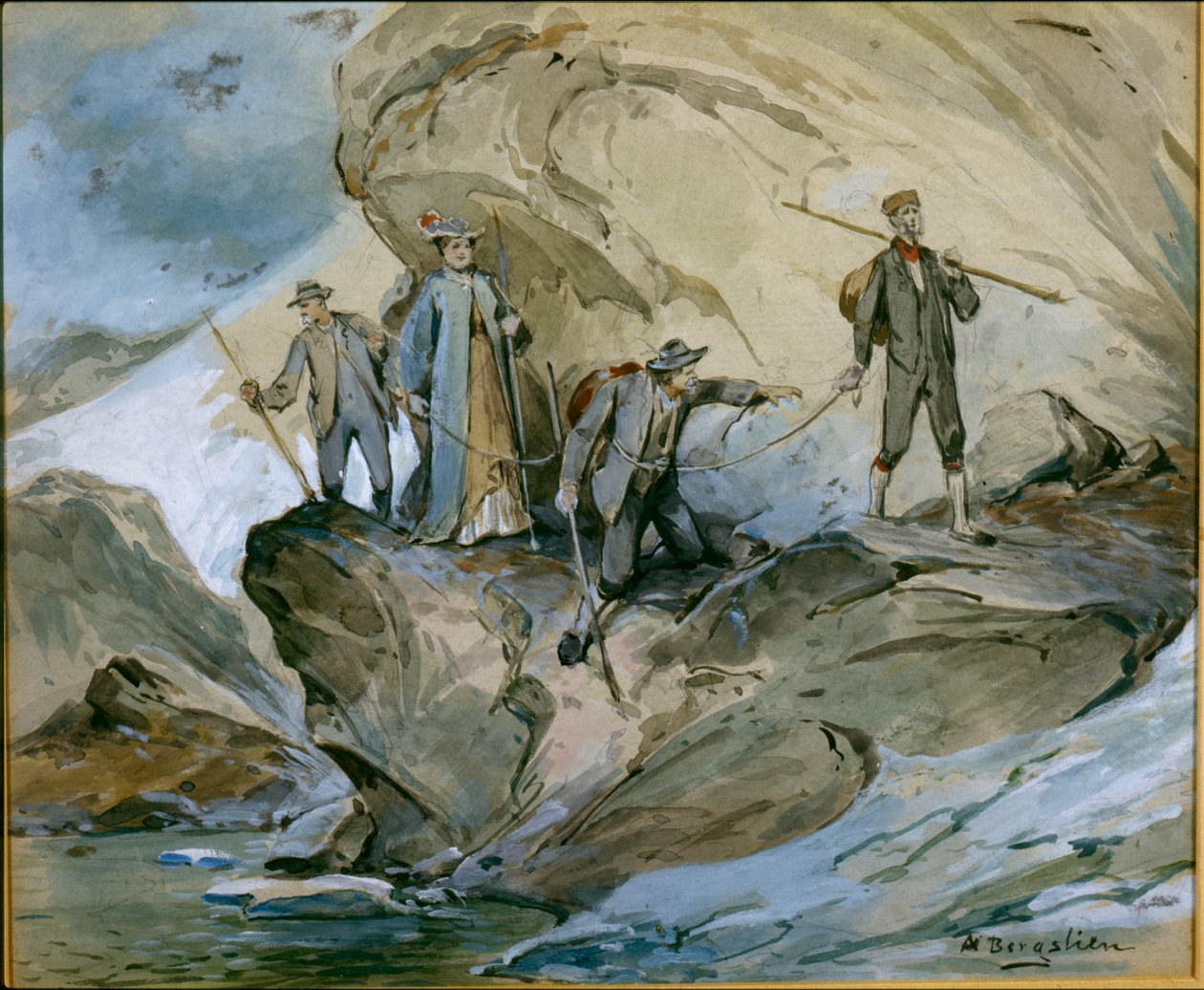 Vandring over Hardangerbreen (akvarell på papir) av Nils Bergslien