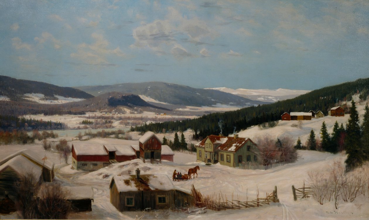Gård i vinterlandskap (olje på lerret) av Nils Hansteen
