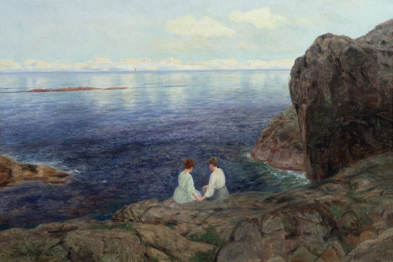 Stille sommerkveld på norskekysten (olje på lerret) av Nils Hansteen