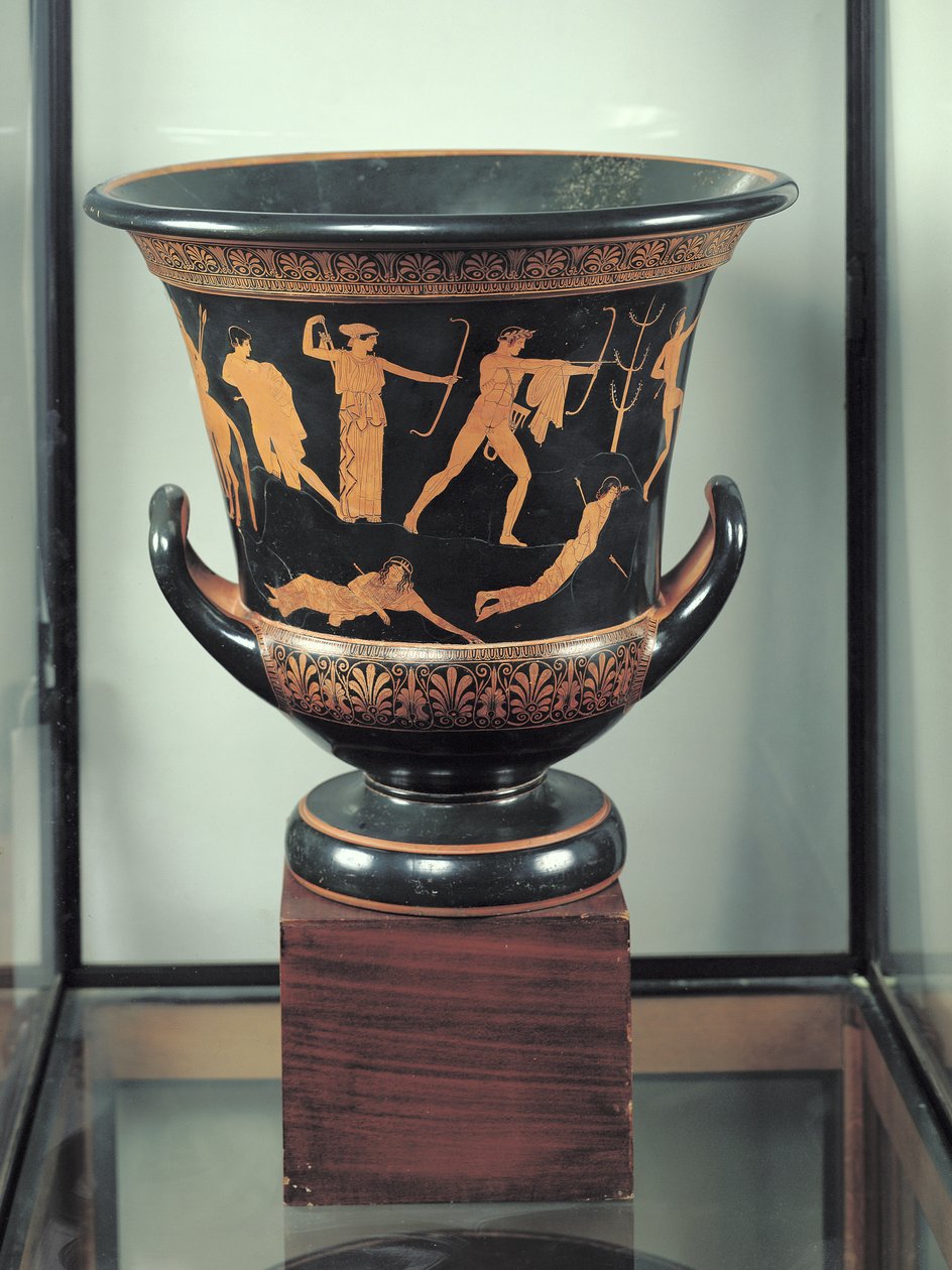 Attisk rød-figur calyx-krater som viser niobidenes død, ca. 460-50 f.Kr. (keramikk) (se også 92576-77) av Niobid Painter