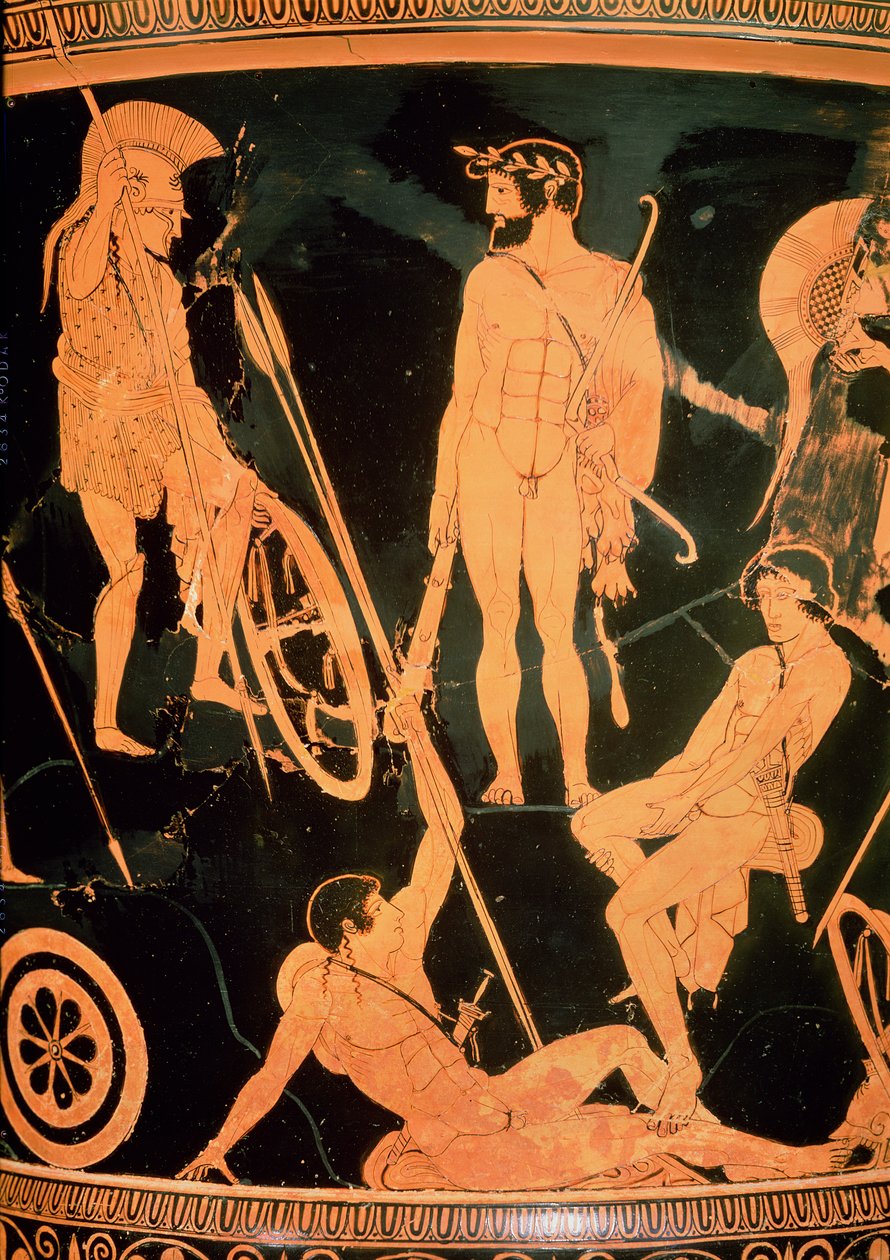 Herakles og greske helter, detalj fra en attisk rød-figur calyx-krater, ca. 490 f.Kr. (keramikk) (se også 92577 og 19106) av Niobid Painter