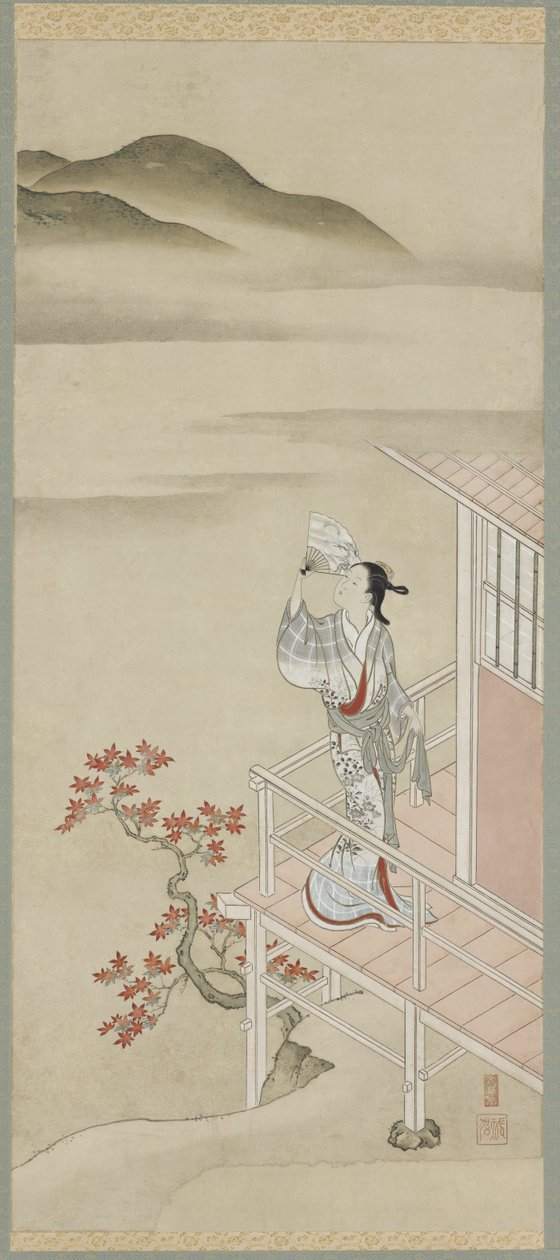 Ung kvinne med en vifte på en veranda som beundrer lønn, hengende rulle, 1600- og 1700-tallet av Nishikawa Sukenobu