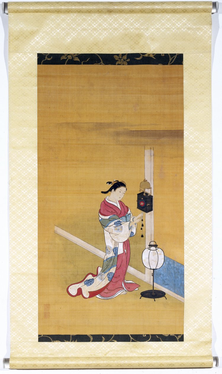 Japansk kvinne vikler opp en veggklokke, Edo-perioden (1600-1868) 1700-50 (malt silke) av Nishikawa Sukenobu
