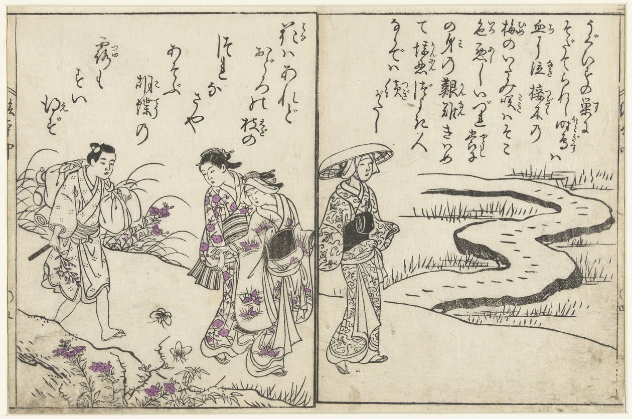 Turgåere i et landskap med blomster av Nishikawa Sukenobu (attributed to)