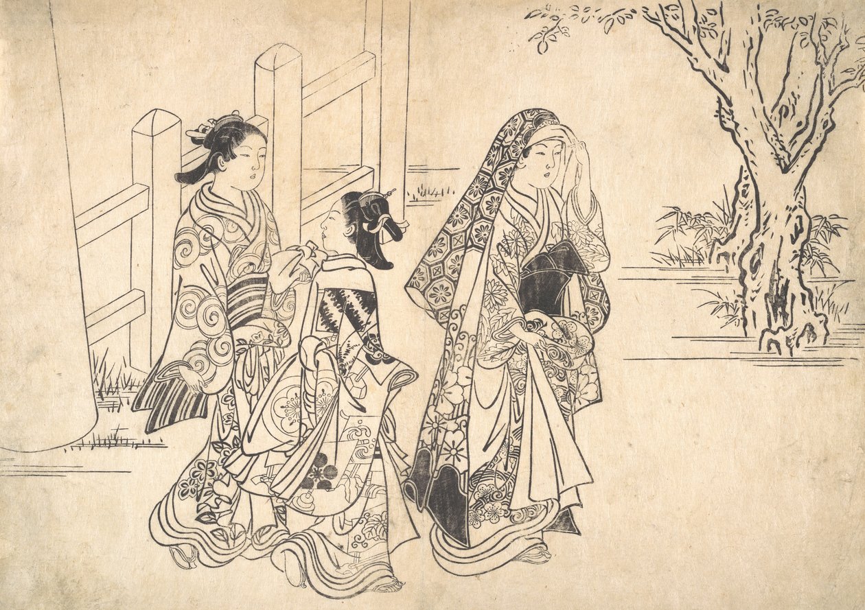 En kurtisane etterfulgt av to jenter, ca. 1690-1751. av Nishikawa Sukenobu