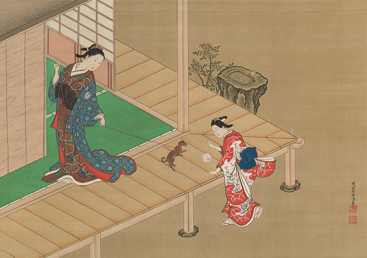 Courtesane og ledsager leker med en hund, ca. 1716-1736. av Nishikawa Sukenobu