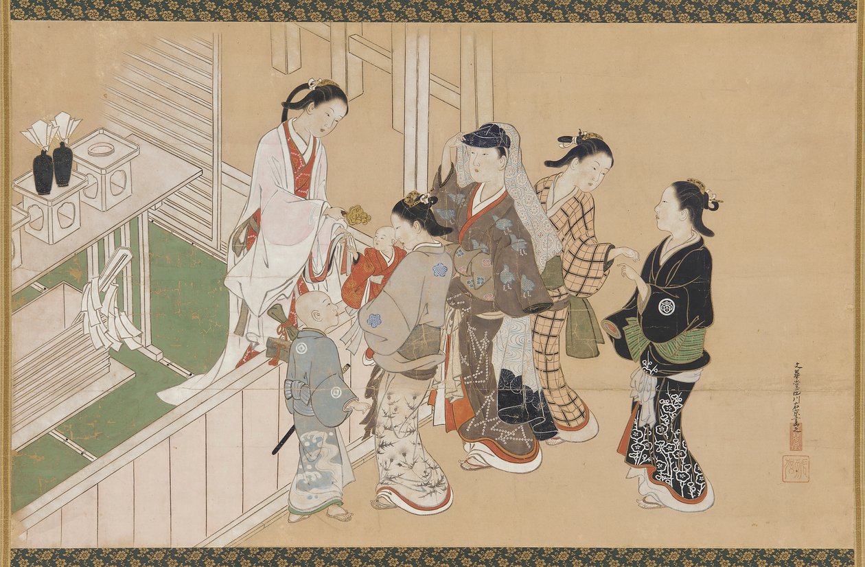 Spedbarns første besøk til en Shinto-helligdom, Edo-perioden, sent på 1600- og tidlig på 1700-tallet. av Nishikawa Sukenobu