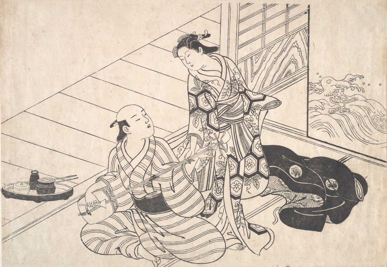 Lady avbryter hennes elsker, som spiller Shamisen. av Nishikawa Sukenobu