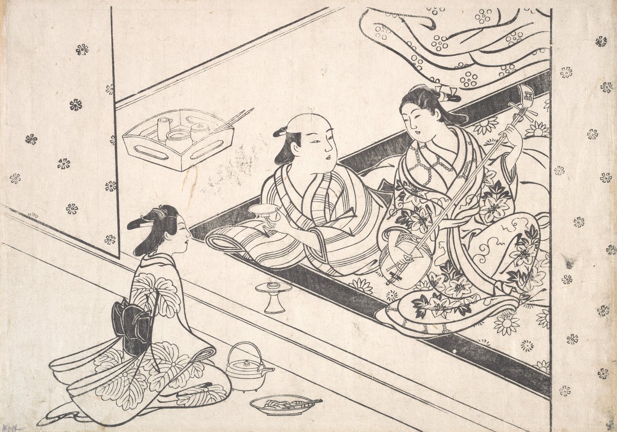 Lady Playing Shamisen, med hennes elsker og ledsager i nærheten. av Nishikawa Sukenobu
