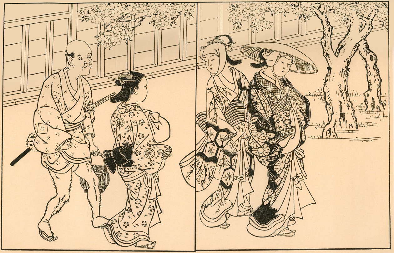 Tre kvinner og mannlig tjener, 1730, 1924. av Nishikawa Sukenobu