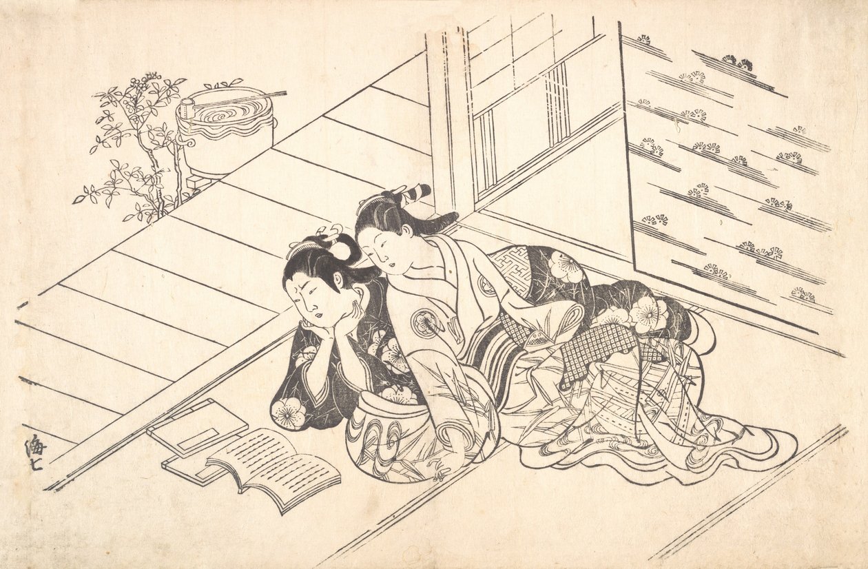 To kvinner lener seg på gulvet i et rom og leser en bok, ca. 1730., ca. 1730. av Nishikawa Sukenobu