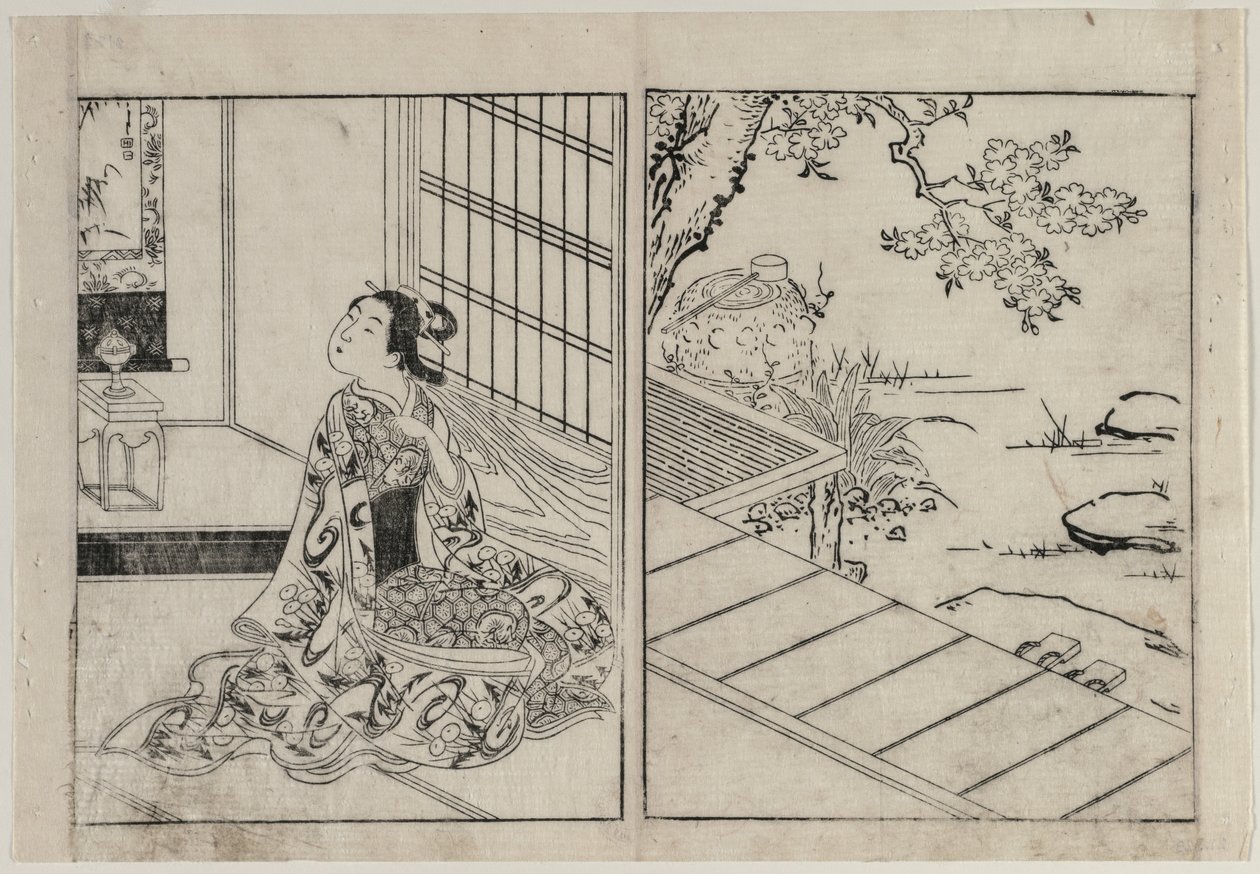 Kvinne ser på en hengende rulle, ca. 1740-årene. av Nishikawa Sukenobu