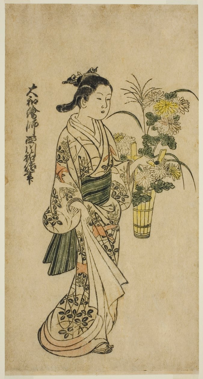 Ung jente som bærer et blomsterarrangement av Nishikawa Sukenobu