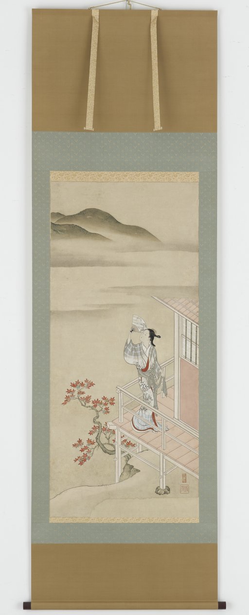 Ung kvinne med en vifte på en veranda som beundrer lønn, hengende rulle, 1600-1700-tallet (blekk og farge på papir) av Nishikawa Sukenobu