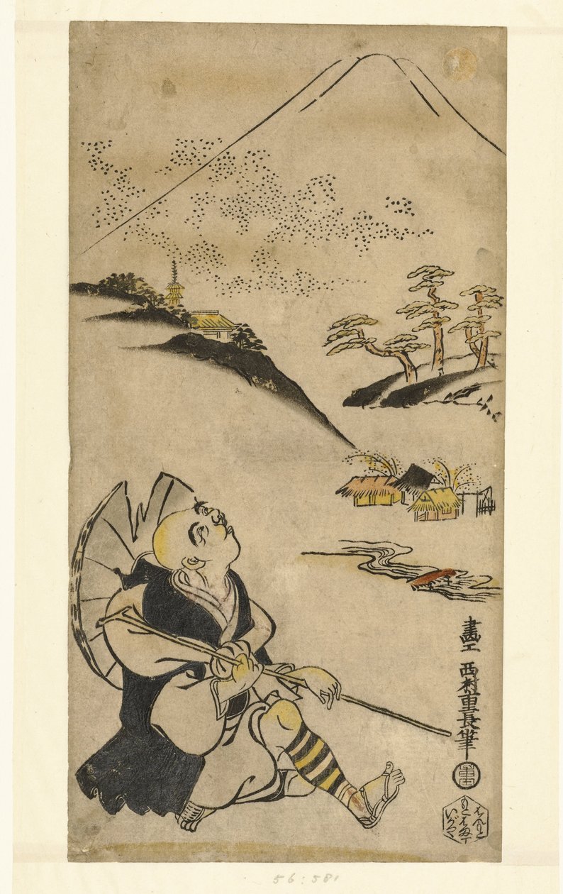Poet-presten Saigyo Hoshi ser opp på Fuji-fjellet av Nishimura Shigenaga