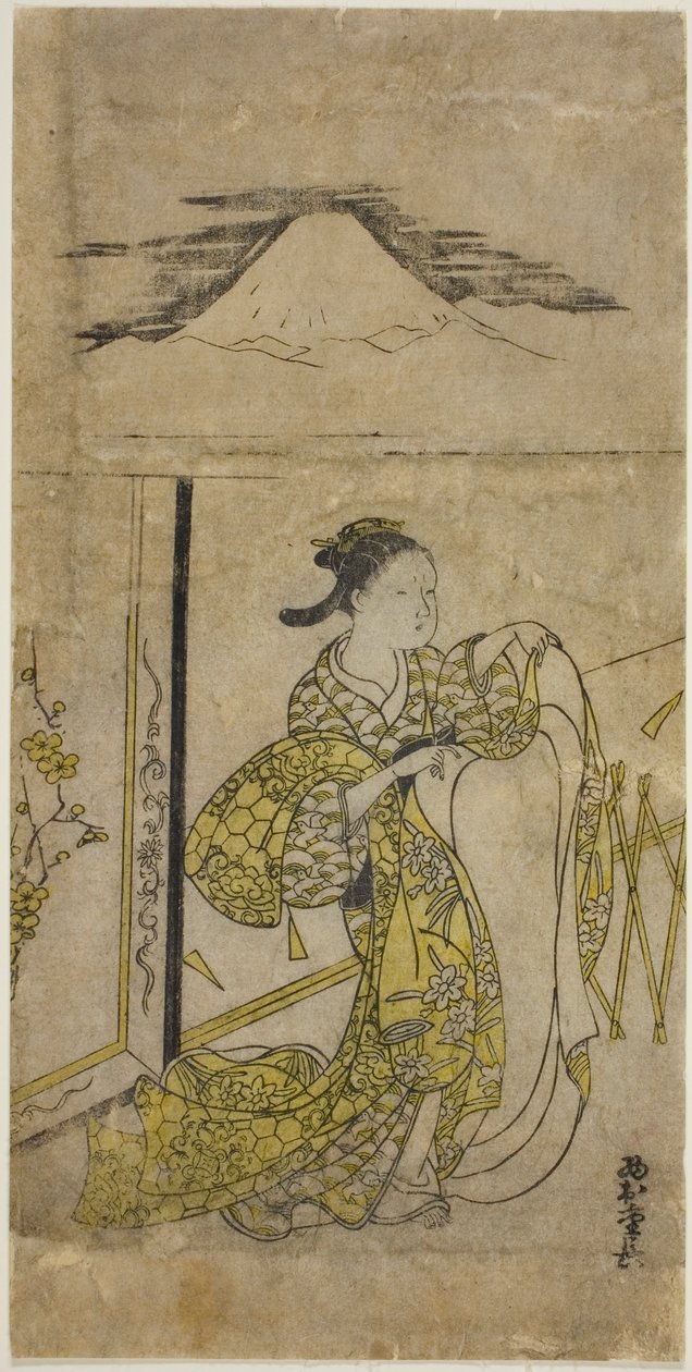 Kvinne som holder kimono med Fuji-fjellet over av Nishimura Shigenaga
