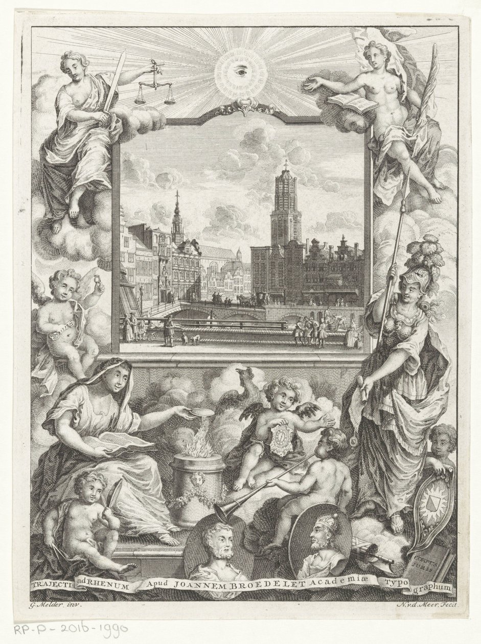 Stadsgezicht med Domkerk te Utrecht en allegorie med Utrechtse stedenmaagd Titelside for: Elias de Vries, Dissertatio juridica, de jure naturali ac gentium, seu duobus prioribus juris fontibus, 1745. av Noach van der Meer (I)