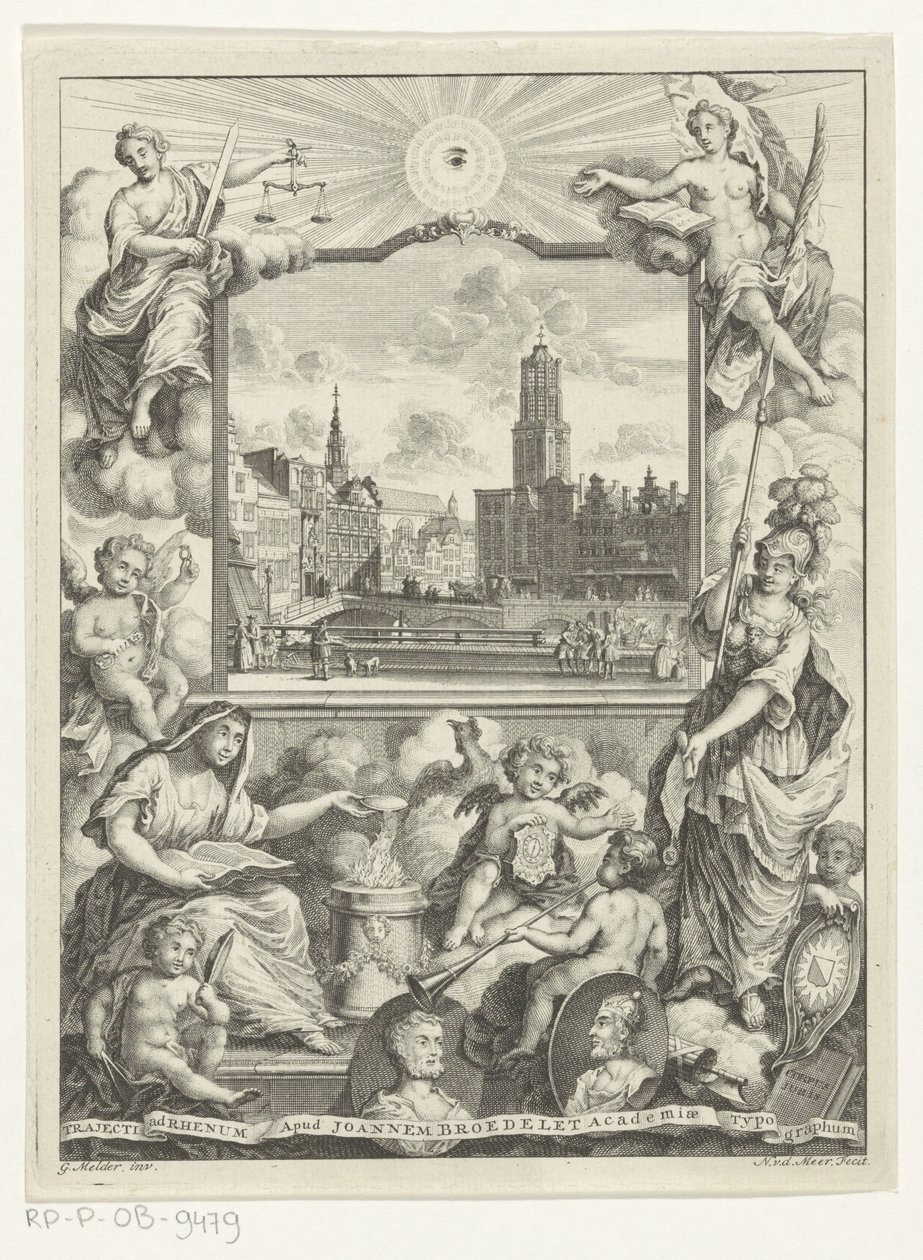Stadsgezicht met Domkerk te Utrecht en allegorie med Utrechtse stedenmaagd Tittelside for: Elias de Vries, Dissertatio juridica, de jure naturale ac gentium, seu duobus prioribus juris fontibus, 1745. av Noach van der Meer (I)