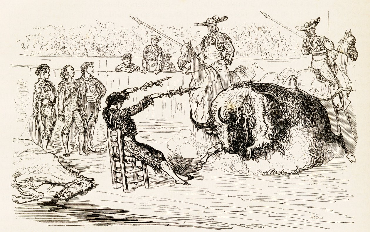 En spansk Banderillero som plasserer Banderillaene mens de sitter i en stol, 1878 (tregravering) av Noel Eugene Sotain
